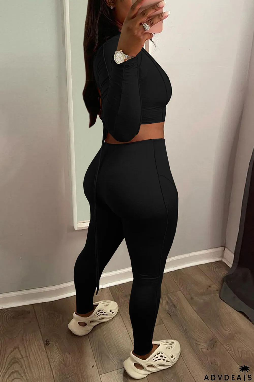 Black Casual Solid Hollowed Out Split Joint Frenulum O Neck Long Sleeve Two Pieces