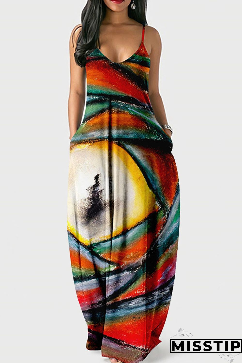 Dark Blue Casual Print Patchwork Spaghetti Strap Sling Dress Dresses