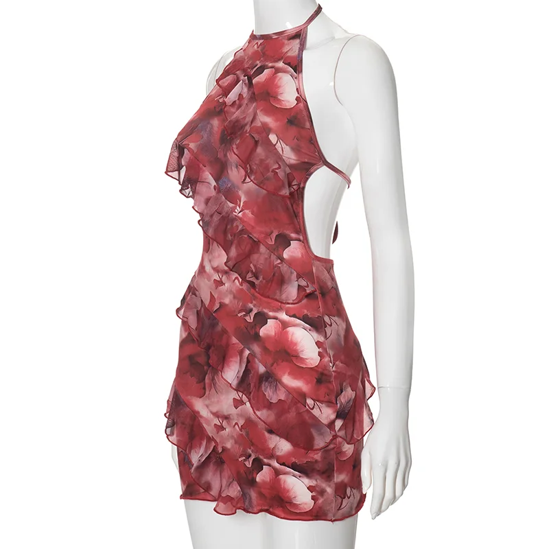 Women Sexy Halter Backless Body-Shaping Vacation Floral Printing Ruffles Mini Dress