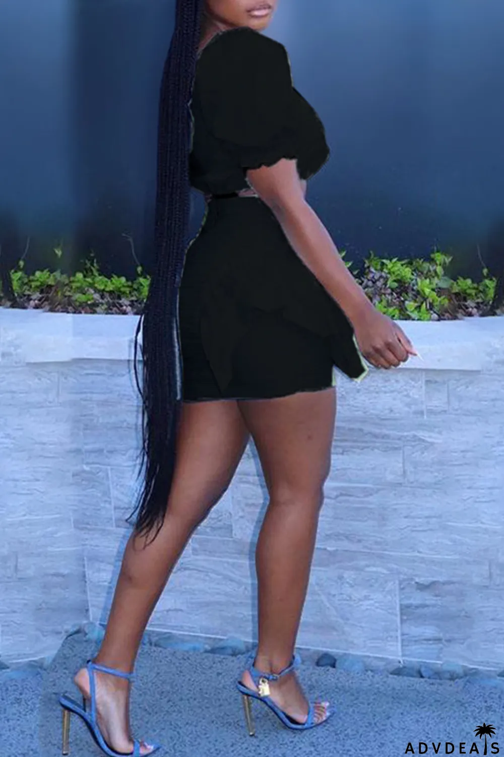 Black Sexy Patchwork Stringy Selvedge Off the Shoulder Short Sleeve Two Pieces