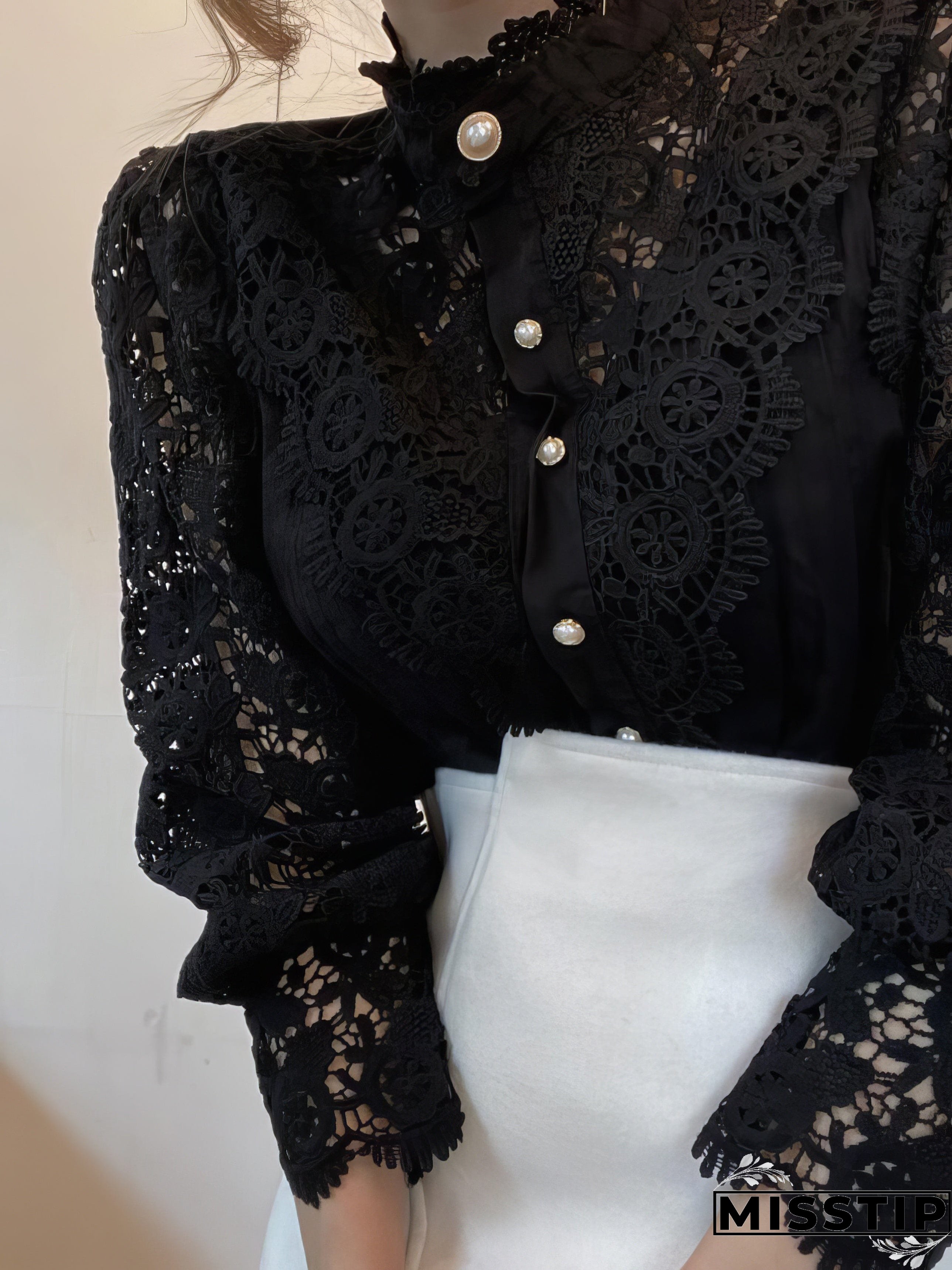 White Lace Blouse with Stand Collar and Pearl Buttons