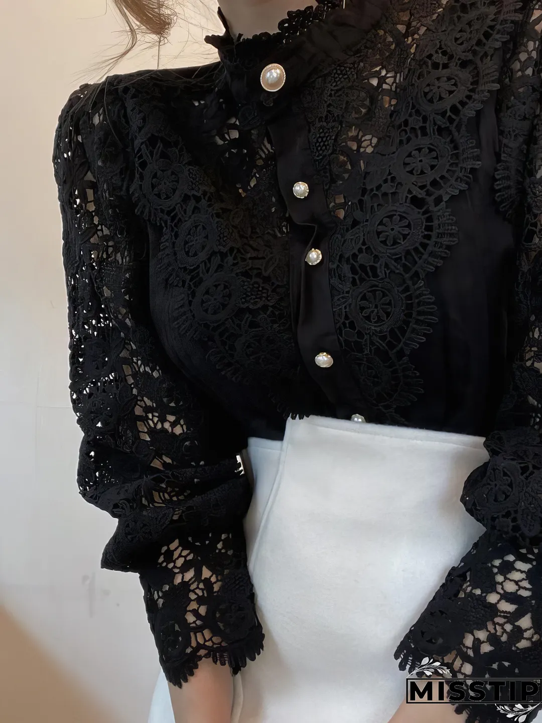 White Lace Blouse with Stand Collar and Pearl Buttons