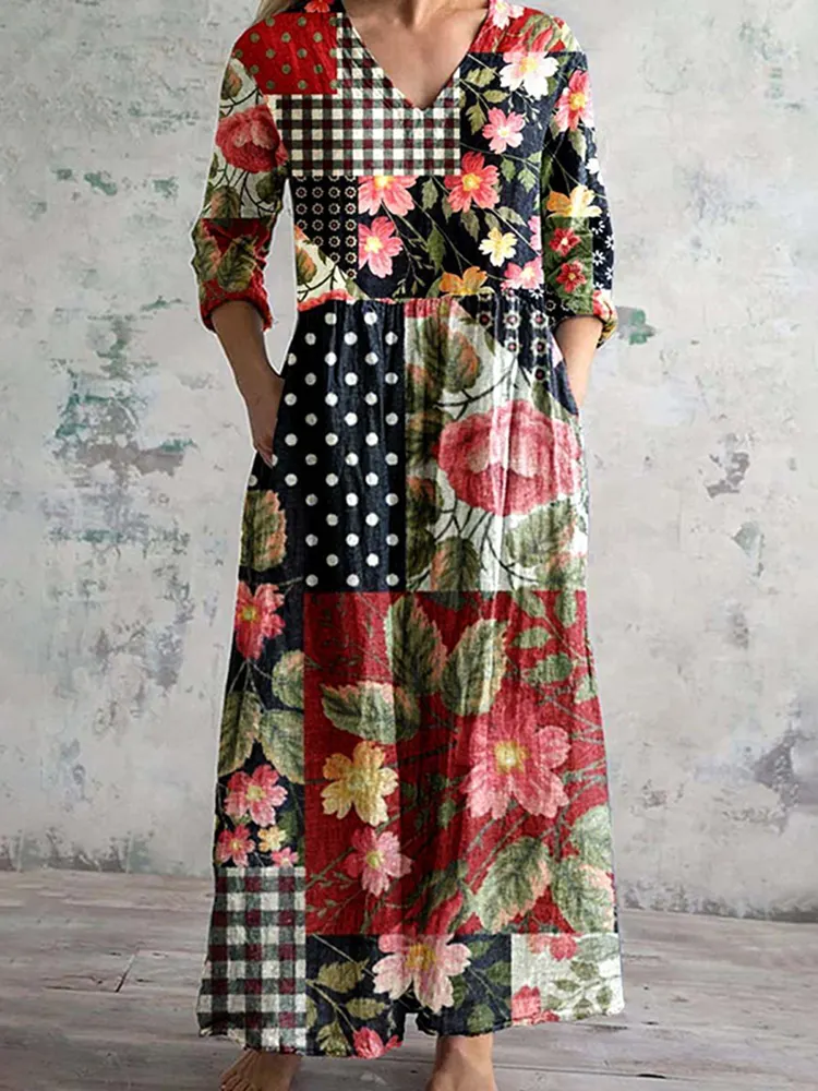 Vintage Japanese Art Flower Print V-Neck Casual Midi Dress