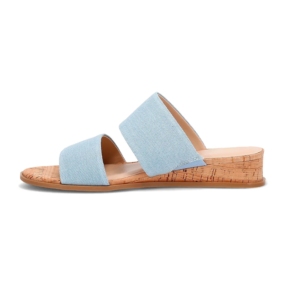 Ligh Blue Fabric Wedge Heel Women Mules Shoes with Two Straps