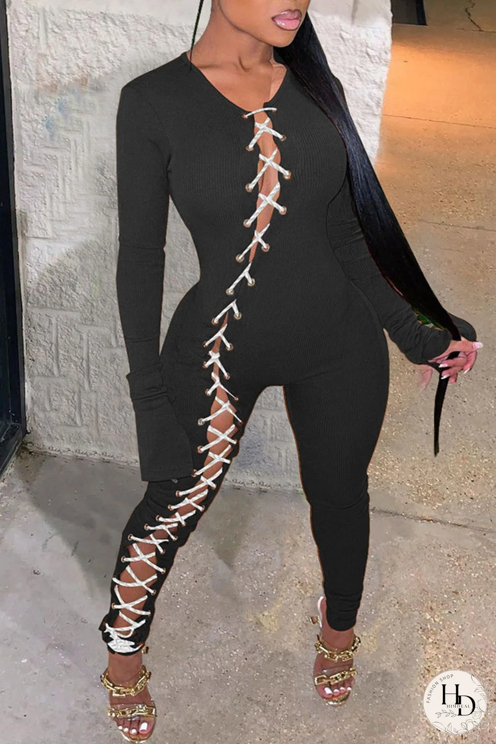 Black Fashion Casual Solid Hollowed Out O Neck Skinny Jumpsuits