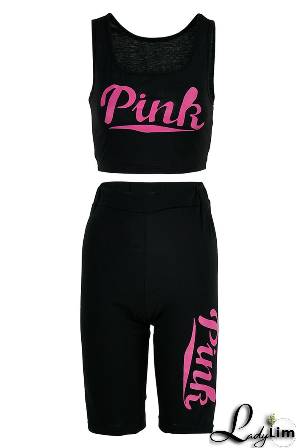 Black Fashion Casual Sportswear Letter Print Basic U Neck Sleeveless Two Pieces