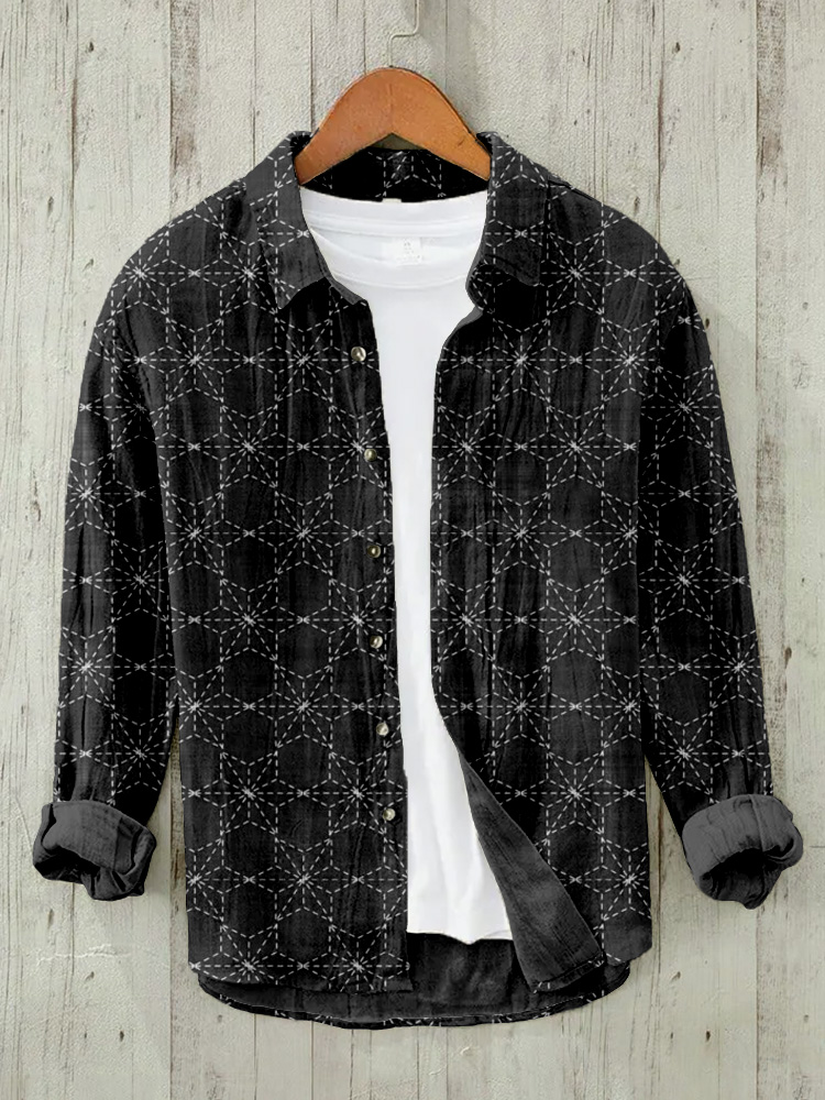 Comstylish Vintage Japanese Sashiko Art Linen Blend Comfy Blouse