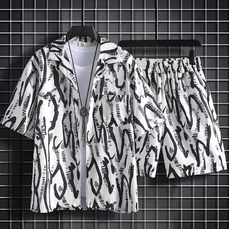 Wlmerlist New Summer Fashion Beach 2PCS Suits Mens Print Short Sleeve Shirt Tops And Shorts Two Piece Set Couple Hawaiian Holiday Outfits