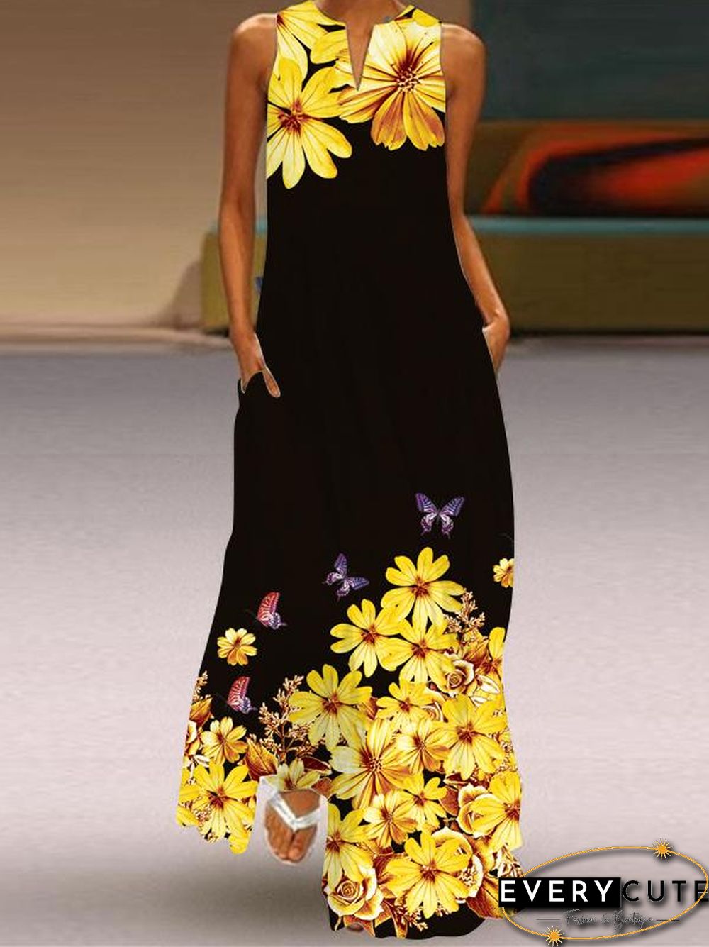 Yellow Flower Women Black Dress