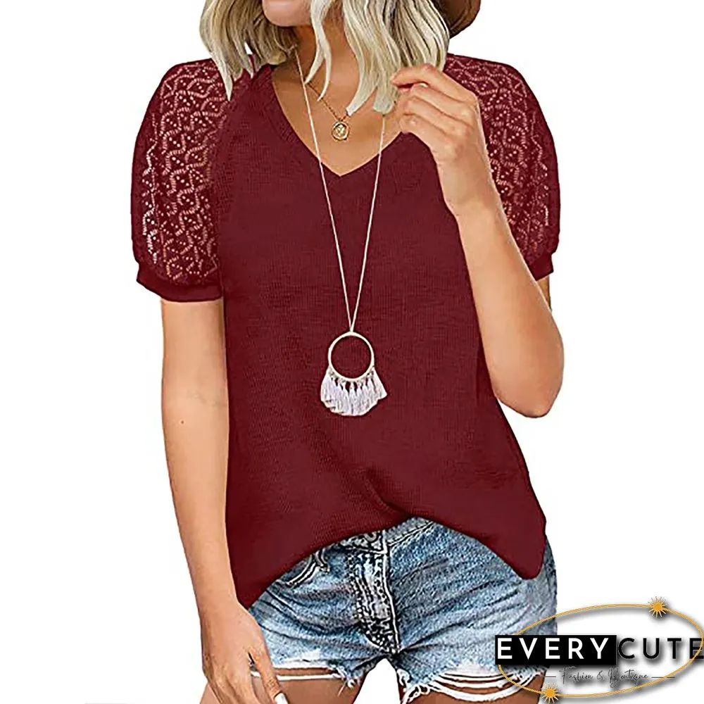 Red Waffle Lace Raglan Short Sleeve T-Shirt