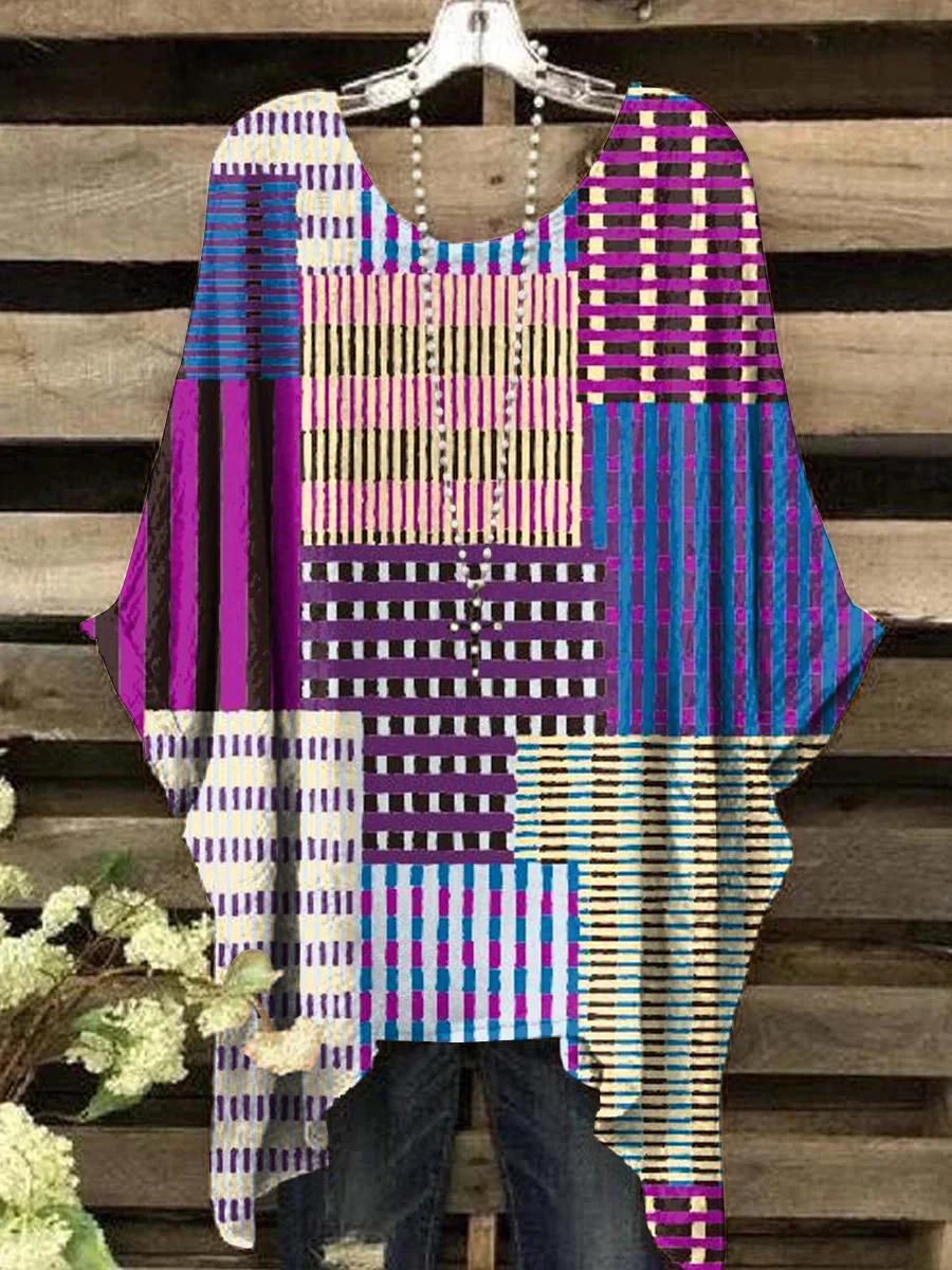 Women's Vintage Irregular Stripe Art Print Crew Neck Top
