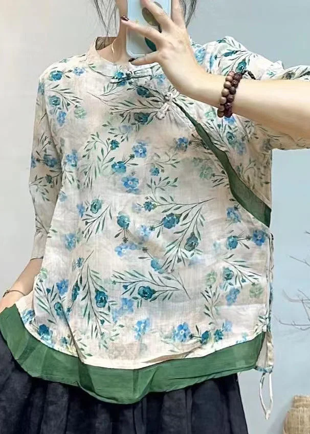 French Beige Stand Collar Button Print Linen Shirt Half Sleeve