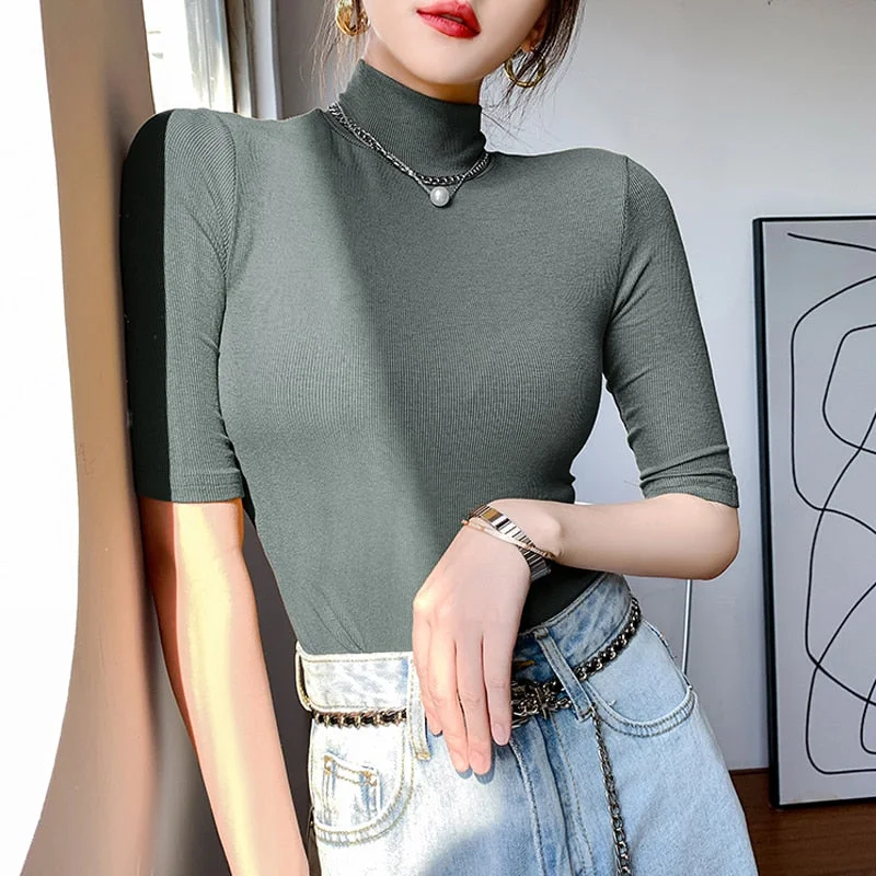 Commuter wear women's inner and outer wear autumn new style cotton casual cotton knit top high collar women's tight top 15637