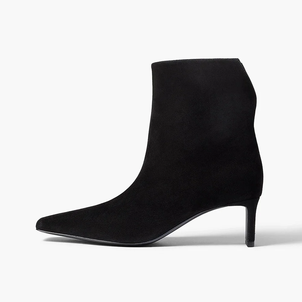 Black Vegan Suede Short Square Toe Boots with Chunky Mid Heel 