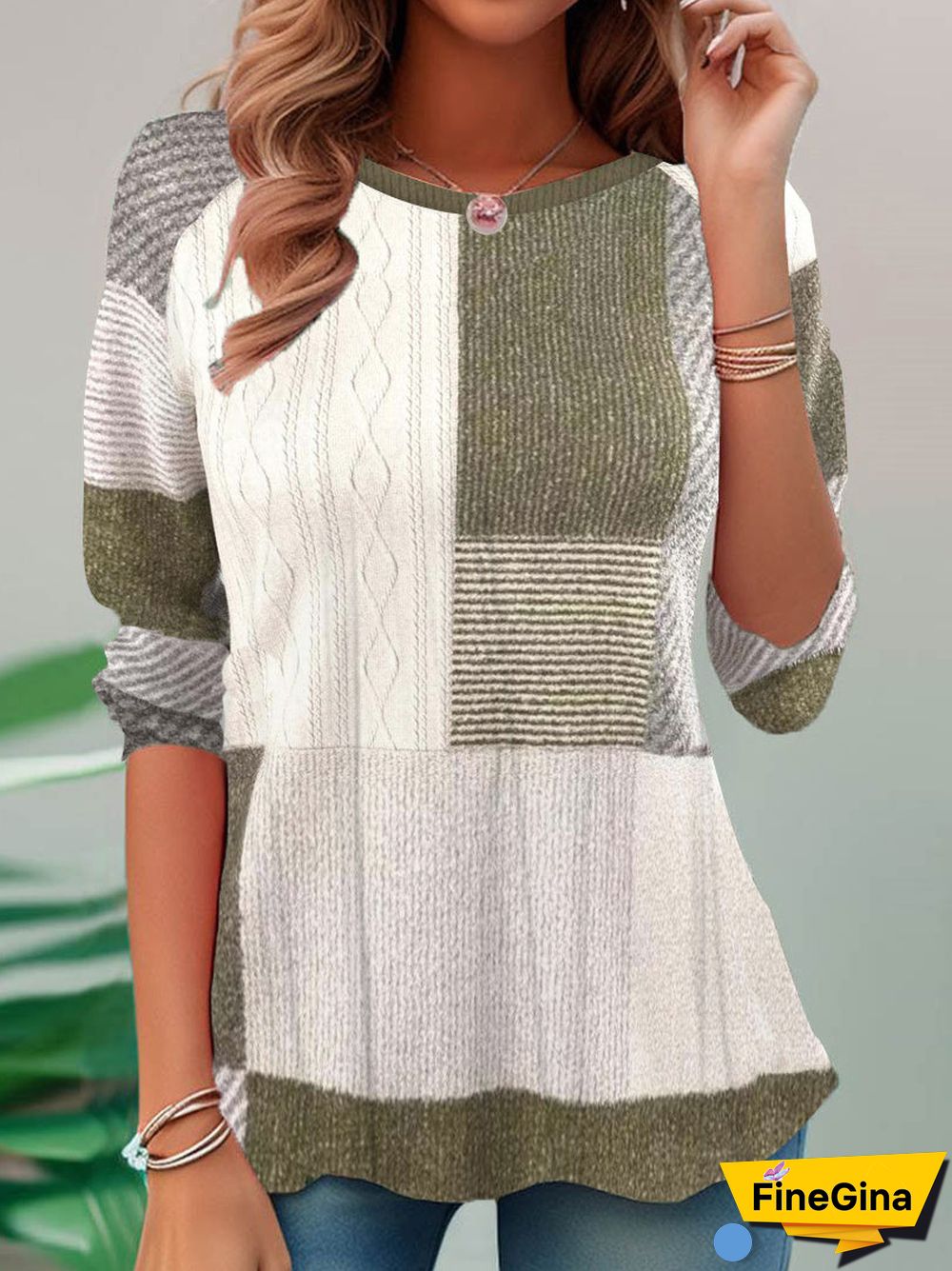 Women's Long Sleeve Scoop Neck Colorblock Plaid Printed Top