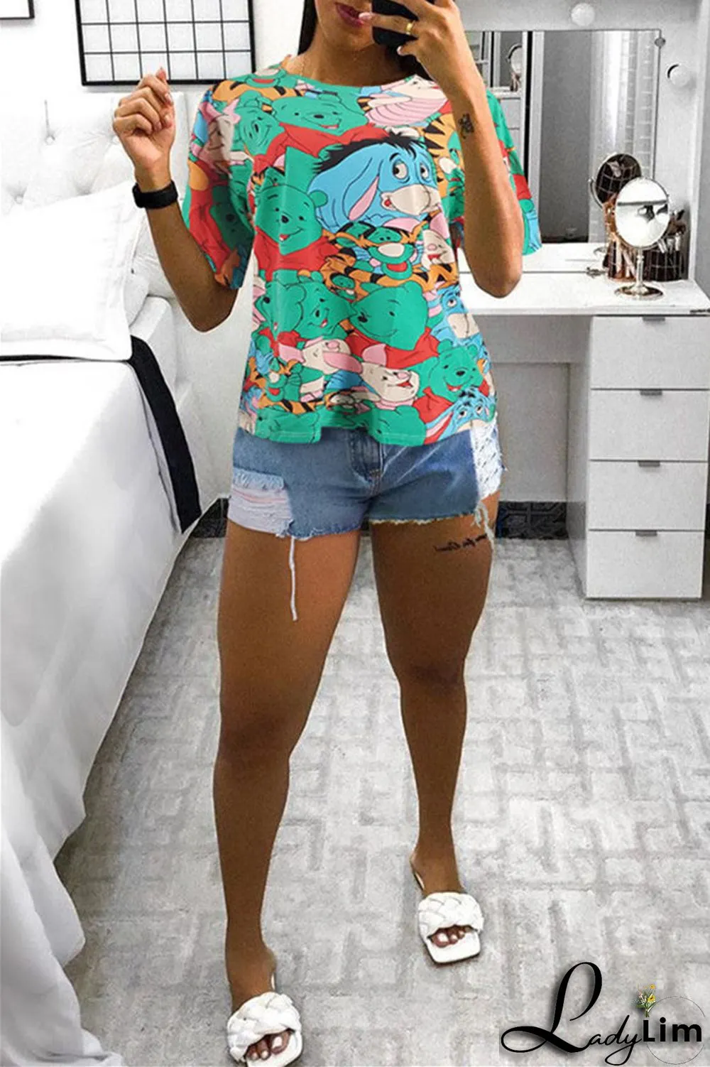 Yellow Fashion Casual Print Basic O Neck T-Shirts
