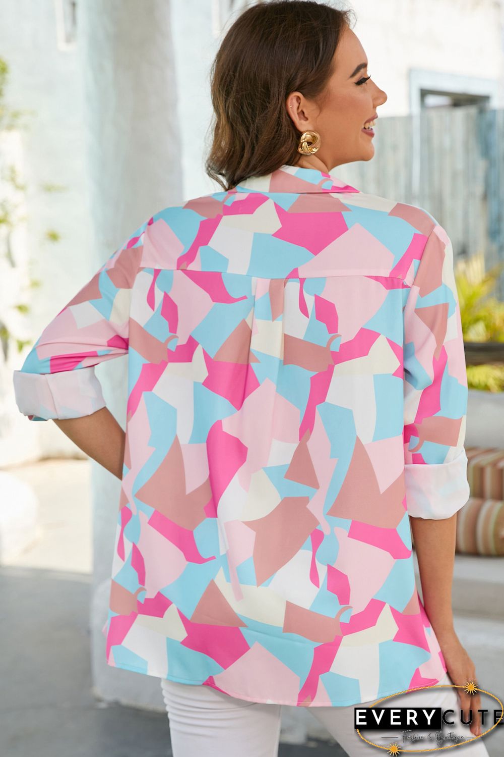 Pink Geometric Block Printed Roll Tab Sleeve Shirt