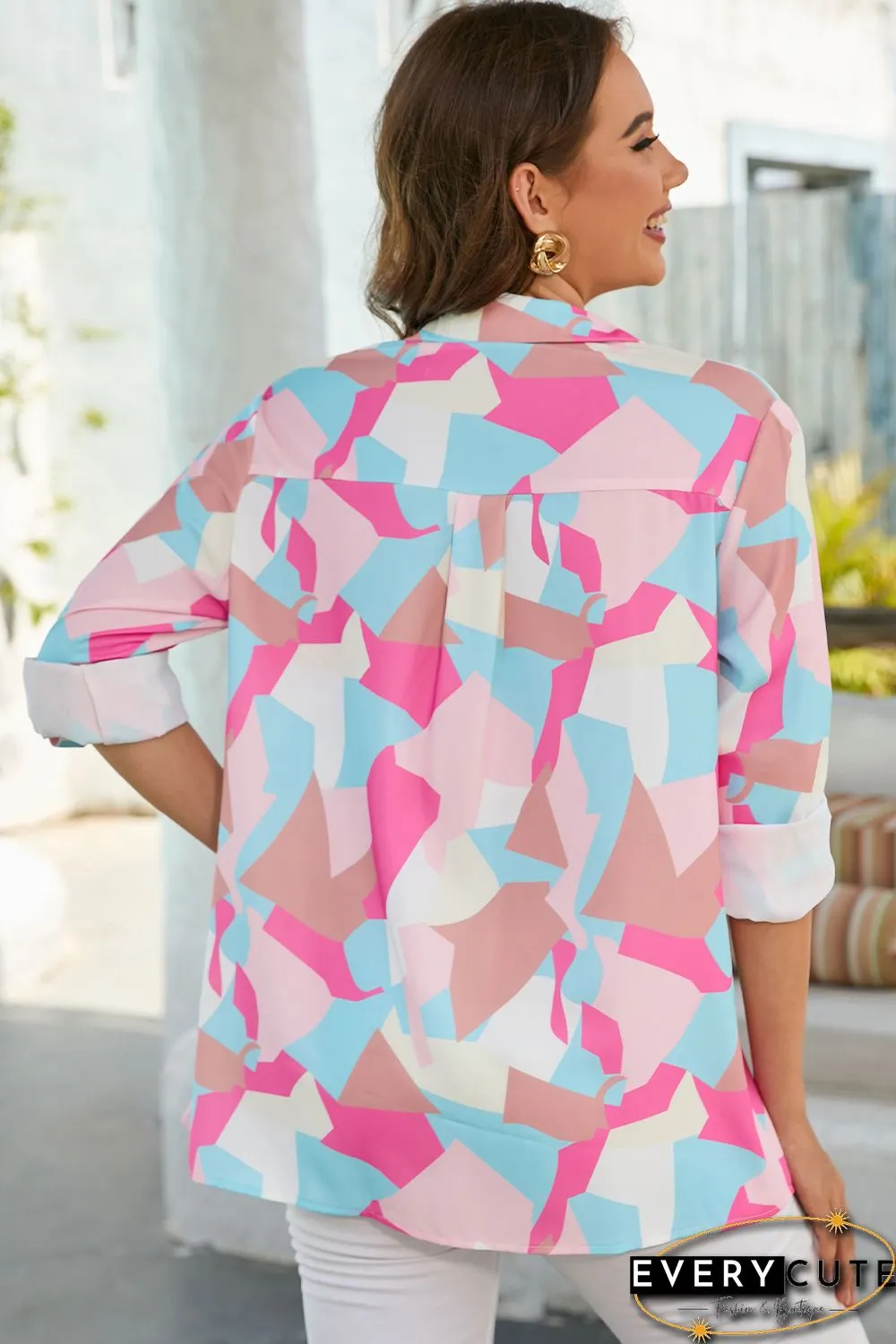 Pink Geometric Block Printed Roll Tab Sleeve Shirt
