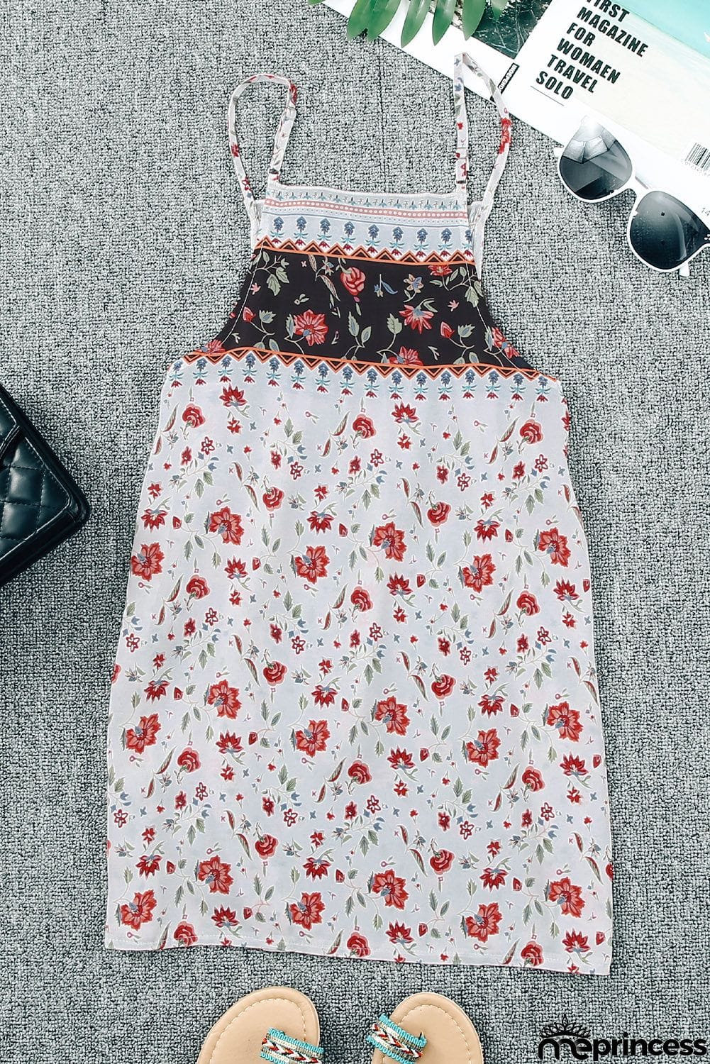 Smocked Frilled Boho Floral Print Halter Tank Top