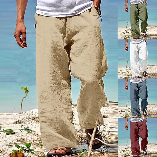 Men's Linen Pants Trousers Summer Pants Beach Pants Plain Drawstring Elastic Waist Straight Leg Comfort Linen / Cotton Blend Casual Daily Holiday Streetwear Hawaiian White Blue
