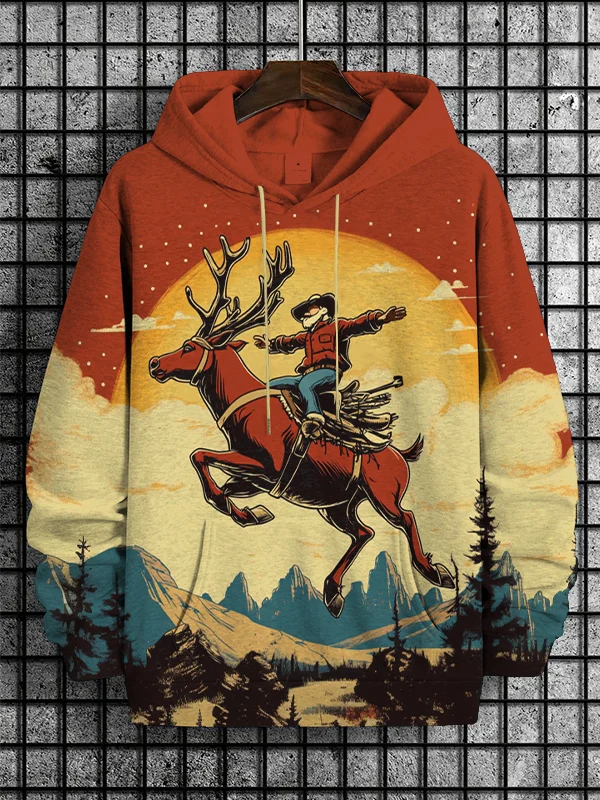 Men's Vintage Cowboy Santa and Reindeer Print Casual Hoodie
