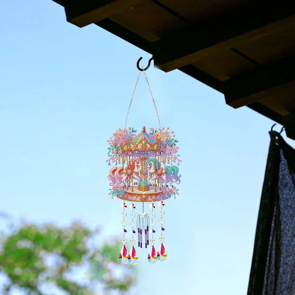 Double Sided Merry-Go-Round 5D DIY Crystal Rhinestone Wind Bell for Wall Decor