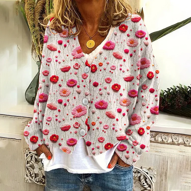 VChics Floral Print V-Neck Long Sleeved Casual Knitted Cardigan