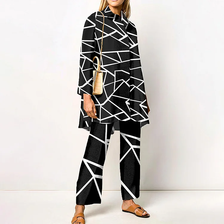 Contrast Color Geometric Fashion Shirt Two Piece Set