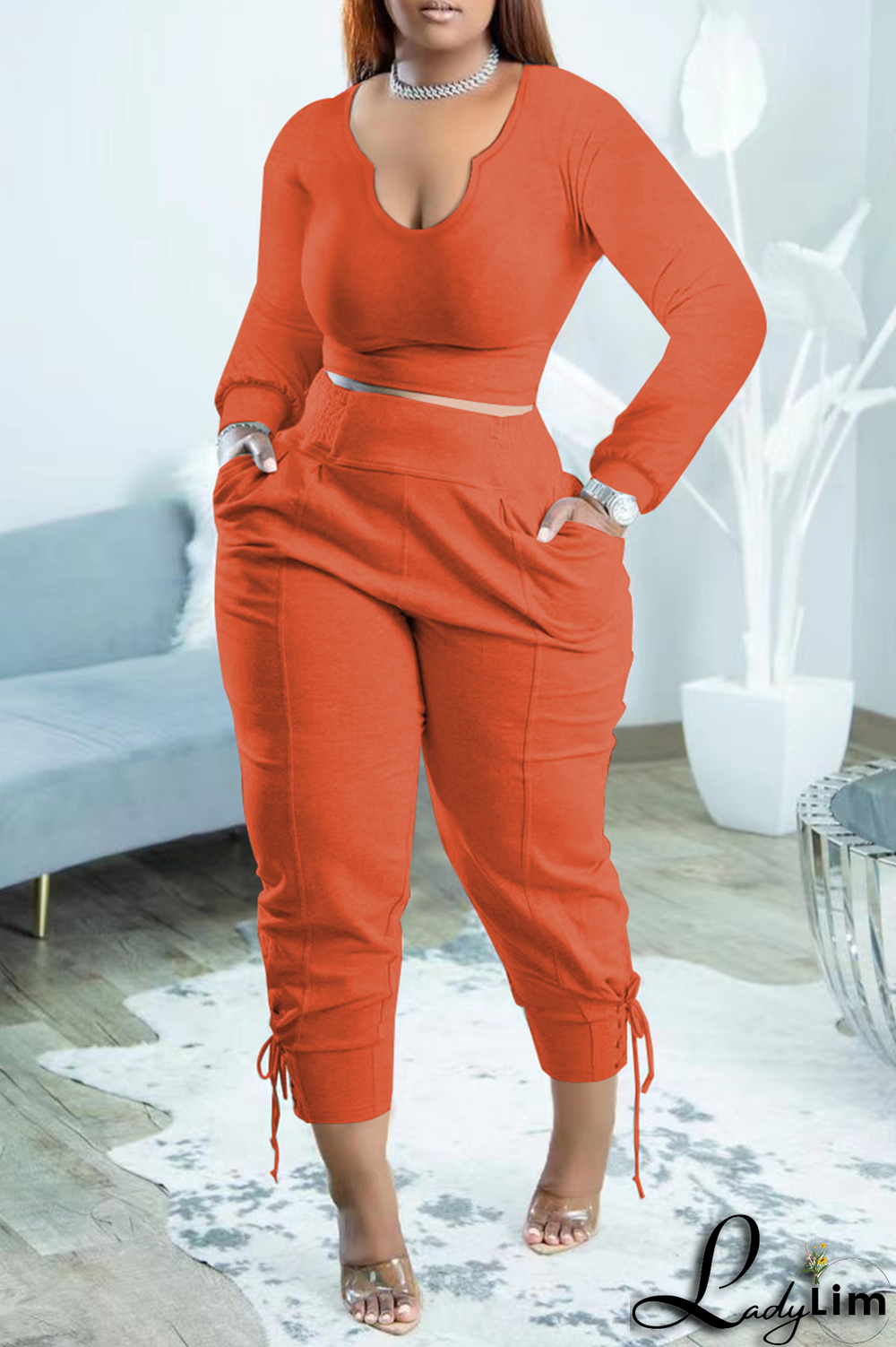 Blue Fashion Solid Draw String U Neck Long Sleeve Two Pieces