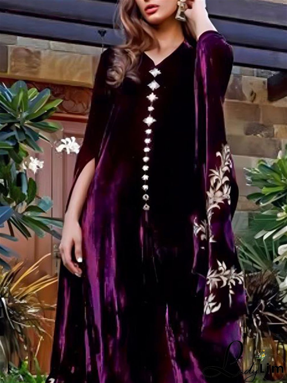 Elegant Floral V Neck Purple Velvet Midi Dress