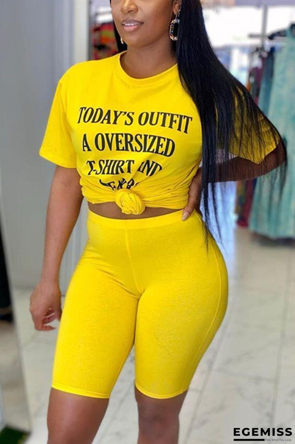 Yellow adult OL Fashion Letter Two Piece Suits Print pencil Short Sleeve | EGEMISS