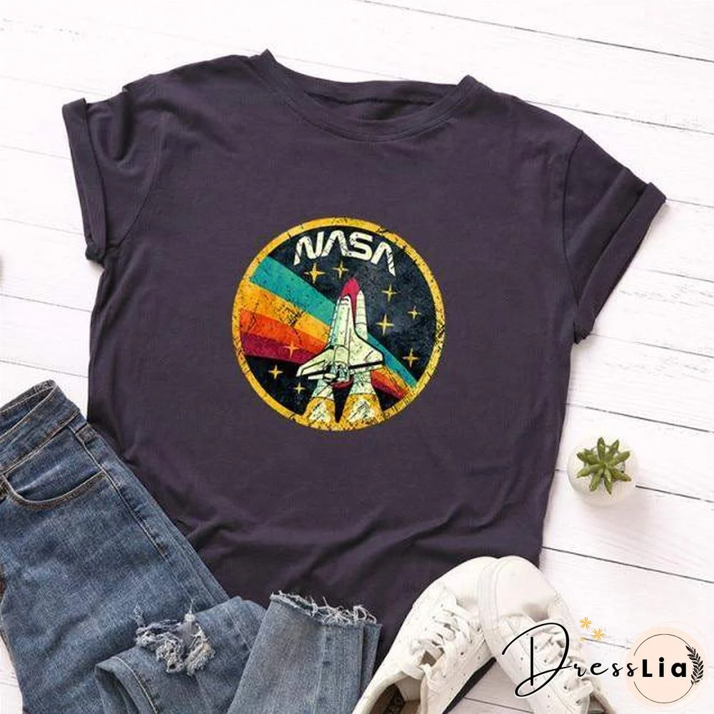 Summer Plus Size Shirt S-5XL New ROCKET Print TShirt Women 100%Cotton O Neck Short Sleeve Tees Casual Tops Woman TShirts
