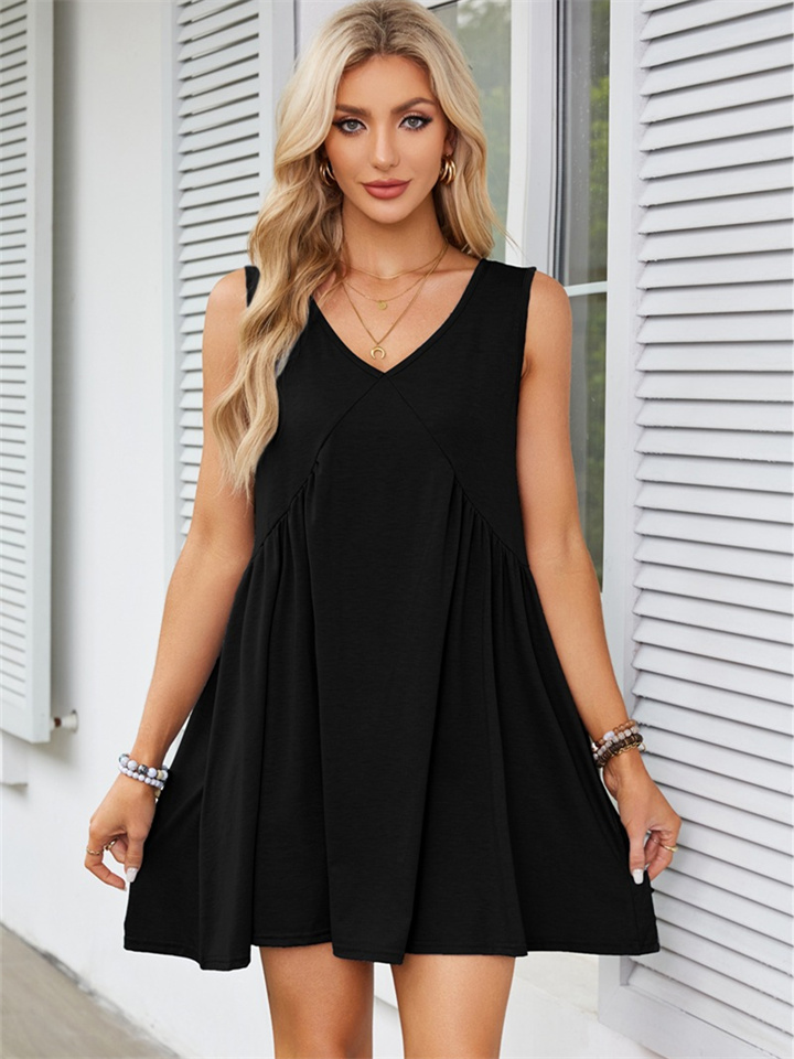 Women's V-neck Sleeveless Pleated Undershirt Short Loose Solid Color Dress Doll Dresses