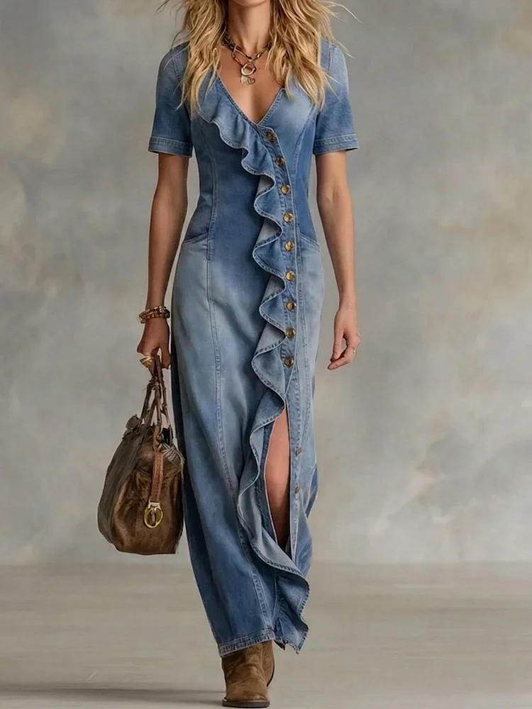 Women's V-neck Short-sleeve Ruffled Denim Dress