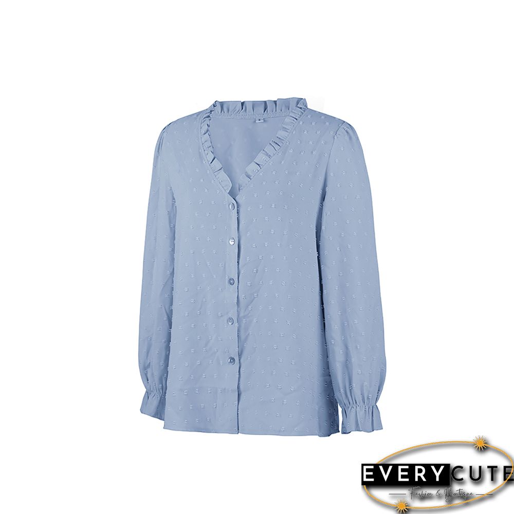Light Blue Ruffle Detail Button V Neck Shirt
