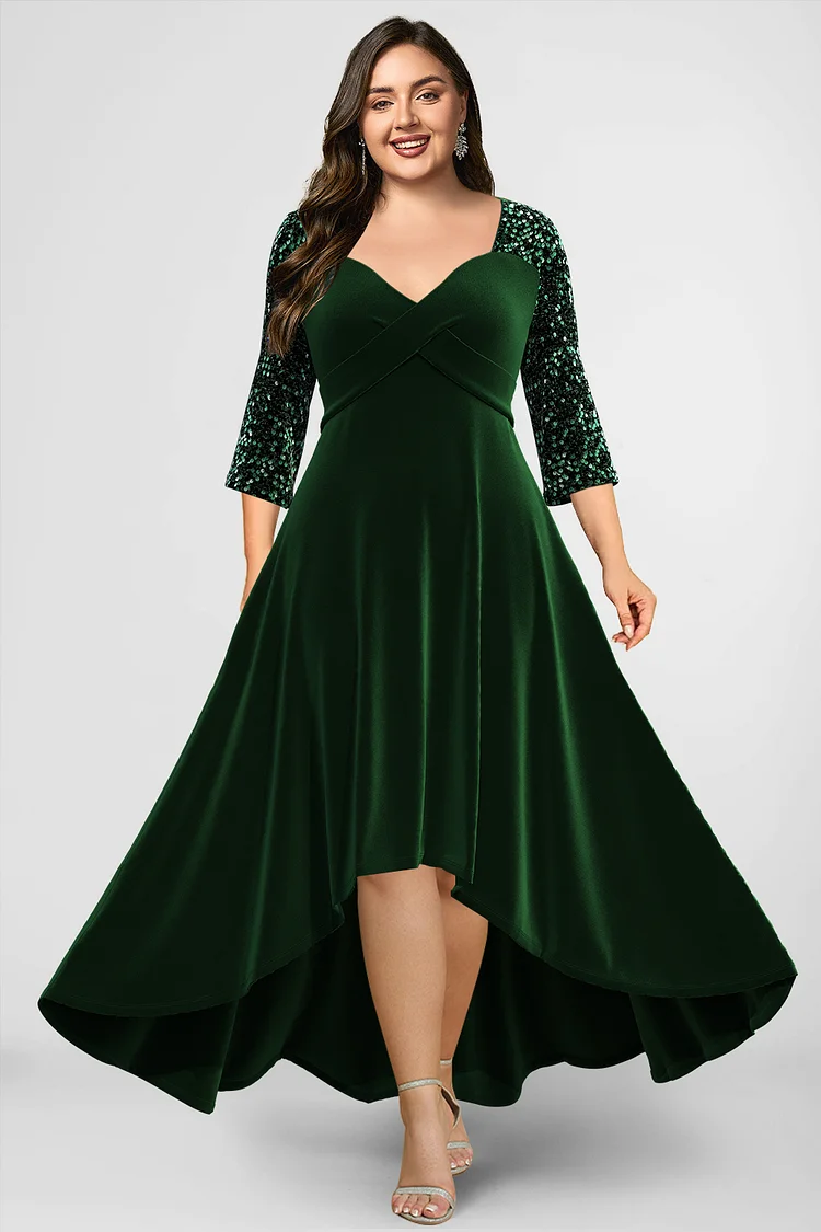 Plus Size Formal Green V Neck Velvet Sparkly Sequin Stitching 3/4 Sleeve Irregular Hem Tunic Maxi Dress  Flycurvy [product_label]