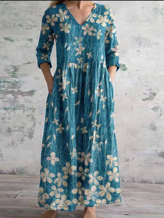 Women's 3/4 Sleeve V-neck Floral Printed Midi Dress