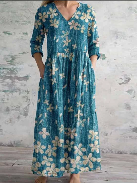 Women's 3/4 Sleeve V-neck Floral Printed Midi Dress