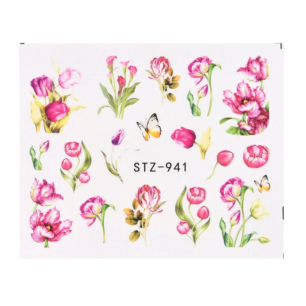 Coloful Flower Leaf 3D Stickers on Nails Decoration Tattoo Water Decals Nail Sticker UV Gel Slider Manicure Wraps-Nail Inspo