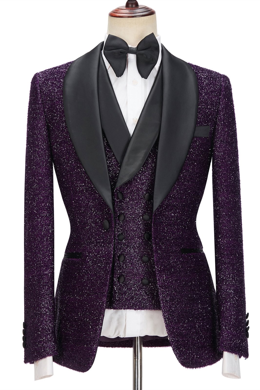 Bespoke Luxurious Dark Purple Shawl Lapel 3-Pieces Men Suits | Ballbellas Ballbellas
