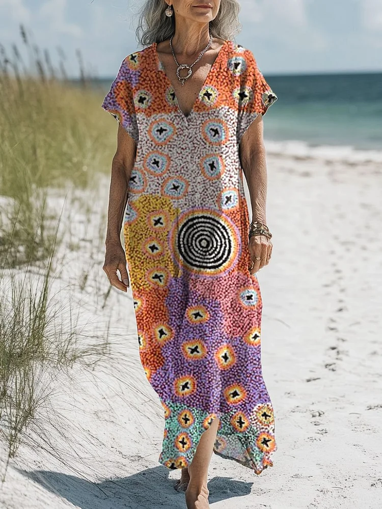 Women's Vintage Art Print Pocket Cotton Dress
