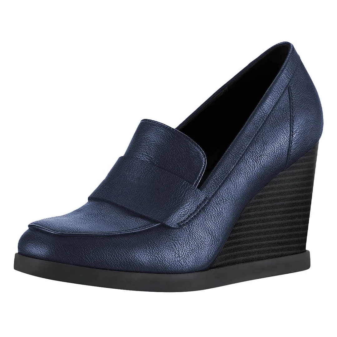 Elegant Navy Round Toe Wedge High Heel Platform Loafers Women