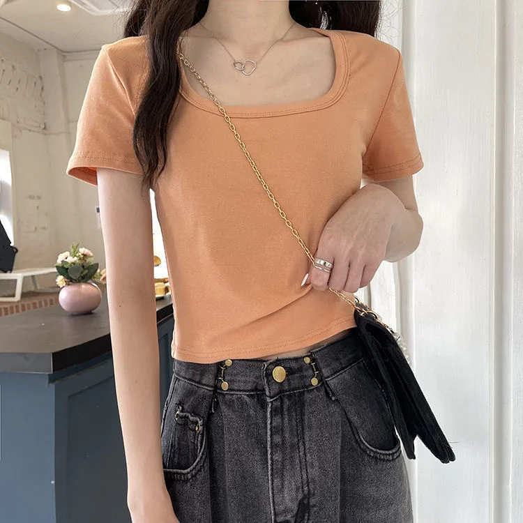 Uveng Uveng Short T-Shirt Female Solid Color 2024 New High Waist Slim Show Thin Hot Girl All-Match Short-Sleeved Square Collar Top Tide