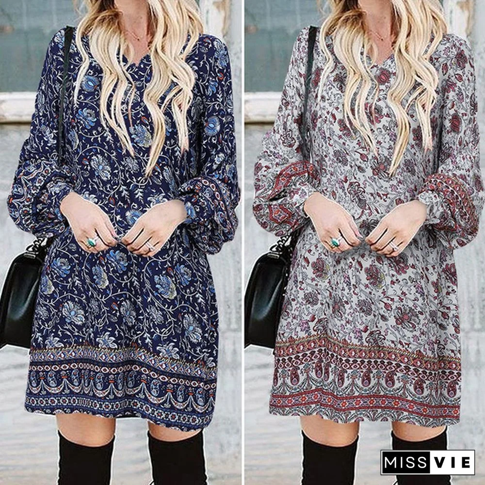 Women Spring Long Puff Sleeve Bohemian Travel Plus Size Mini Shirts Dresses Retro Floral Short Dress