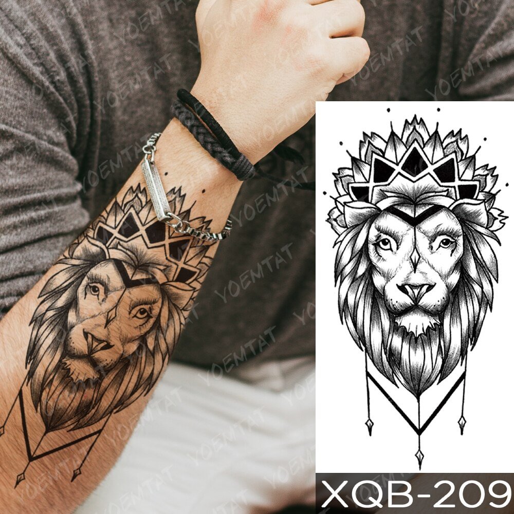 Gingf Temporary Tattoo Sticker Lion Crown Tiger Dragon Tattoos King Wolf Skull Body Art Arm Fake Sleeve Tatoo Women Men
