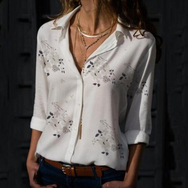 Casual Women Long Sleeve Print Chiffon Shirt