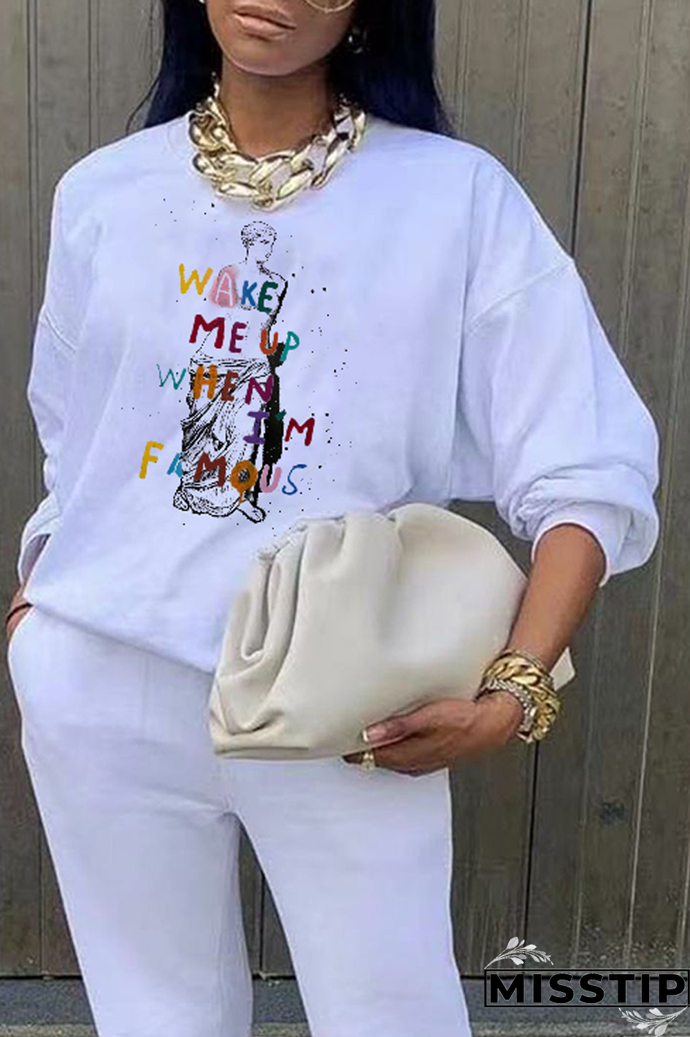 White Street Print Patchwork Letter O Neck Tops