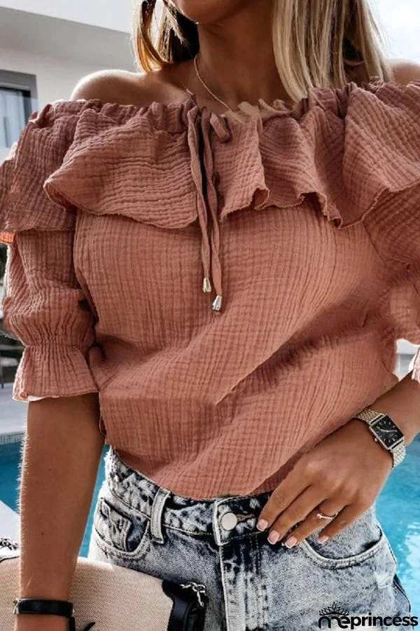 Off Shoulder Ruffle Solid Short Sleeve Shirt