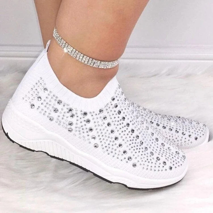 White Women Sneakers Rhinestone Elastic Band Running Shoes Fashion Comfortable Platform Women's Slip-ons Tennis Female Sneakers