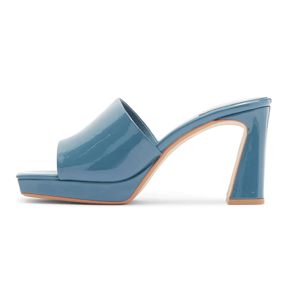 Dusty Blue Square Toe Chunky Heel Wide Strap Slides with Platform